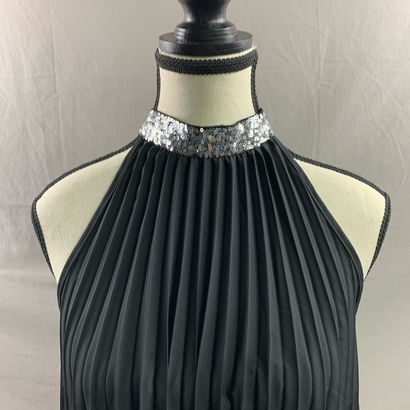 Black Sequin Pleated Detail Halter Neck Dress - Picture 6 of 9
